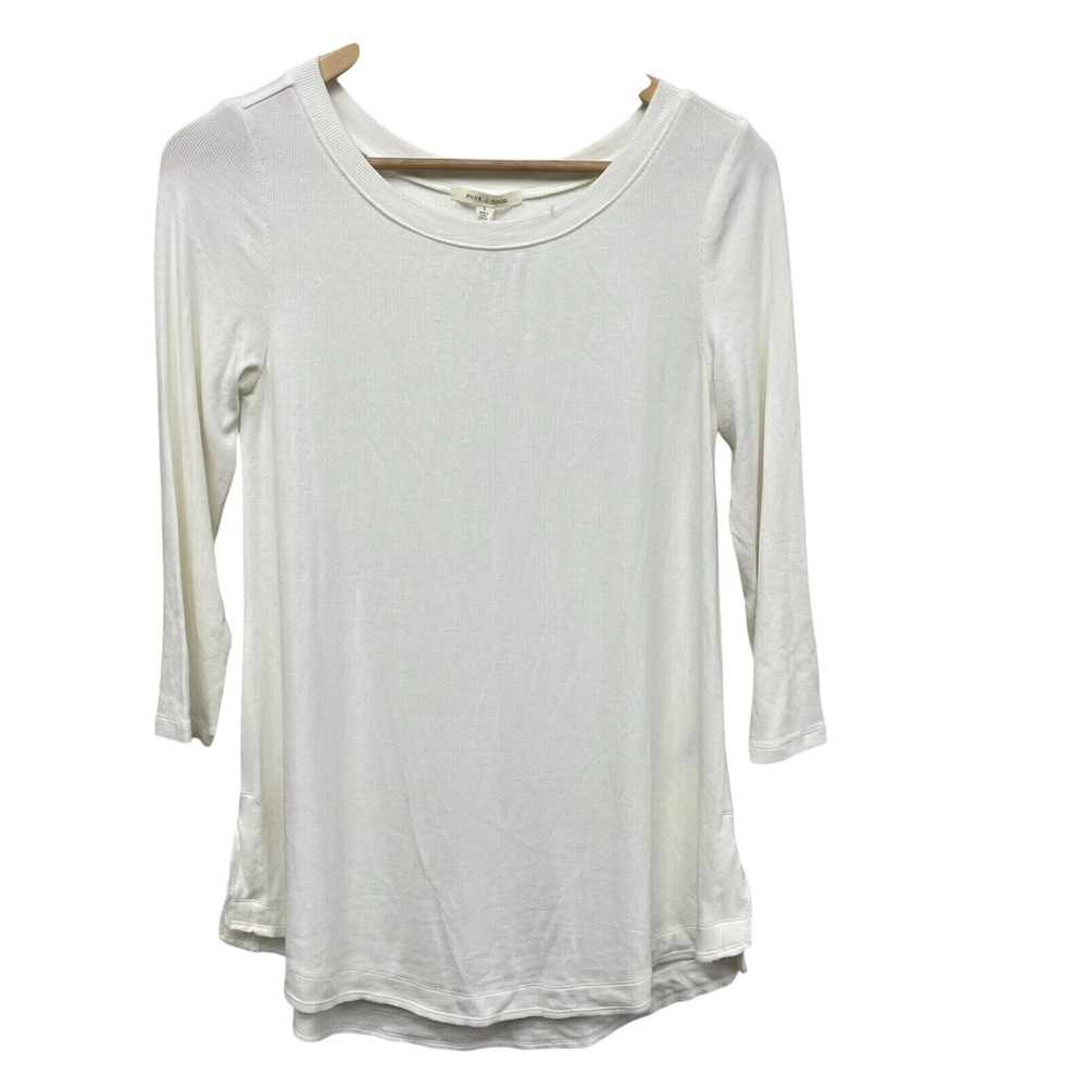 Pure + Good Ivory Ribbed‎ 3/4 Sleeve Scoop Neck Tunic Top Small NWT